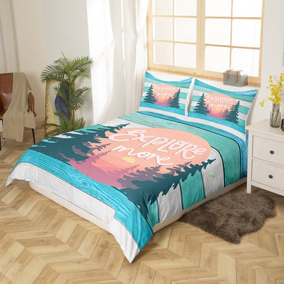 Camping Bedding Set Forest Explore More Wood Pattern Duvet Covers Blue Green Unique Gift