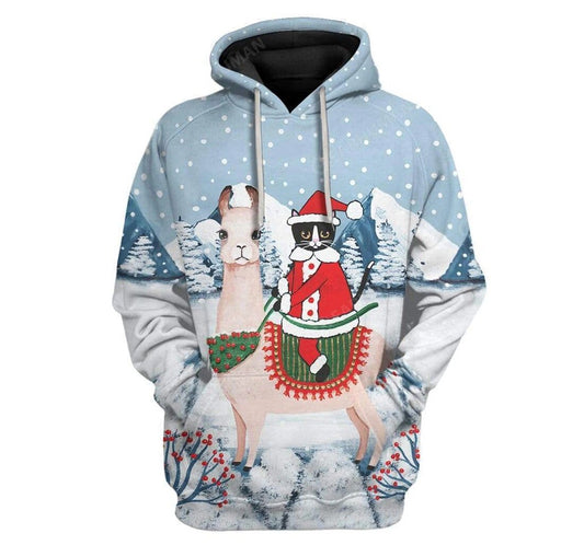 Llama Christmas Hoodie Cat Rides Llama Christmas Snow Hoodie