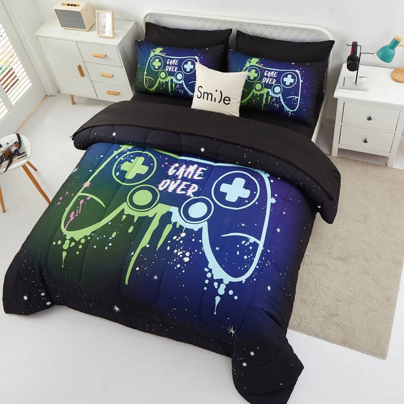 Game Bedding Set Game Over Handle Game Controller Drawing Duvet Covers Blue Green Unique Gift