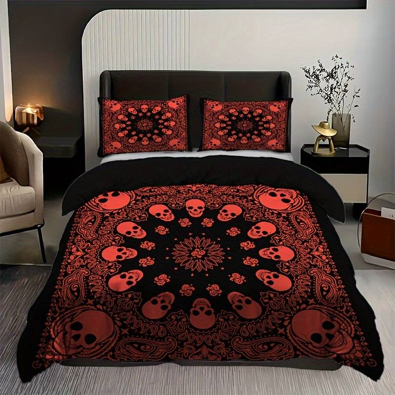 Skull Bedding Set Mandala Style Skull Head Pattern Duvet Covers Red Black Unique Gift