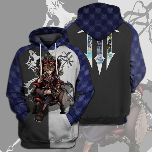  Kingdom Hearts T-shirt Sora On The Crown Kingdom Hearts 3 Black White Blue T-shirt Hoodie Adult Full Print