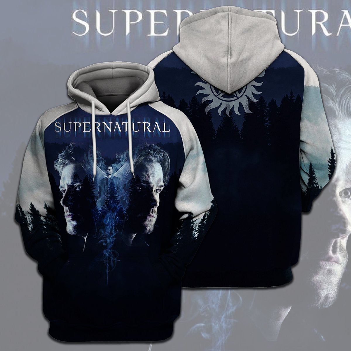  Supernatural T-shirt Dean And Sam Winchester Supernatural Logo Blue T-shirt Hoodie Adult Full Print