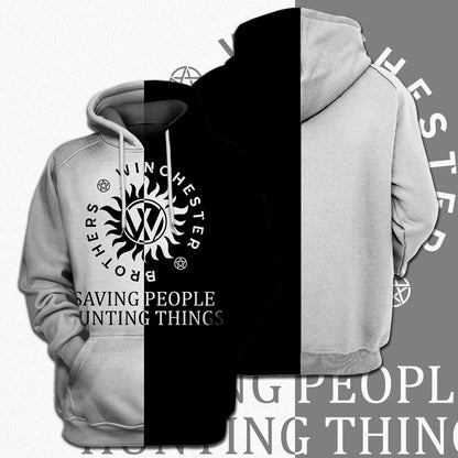  Supernatural T-shirt Winchester Brothers Saving People Hunting Things Black White T-shirt Hoodie Adult Full Print