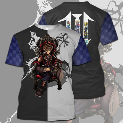  Kingdom Hearts T-shirt Sora On The Crown Kingdom Hearts 3 Black White Blue T-shirt Hoodie Adult Full Print