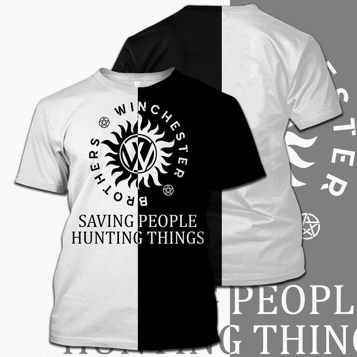  Supernatural T-shirt Winchester Brothers Saving People Hunting Things Black White T-shirt Hoodie Adult Full Print