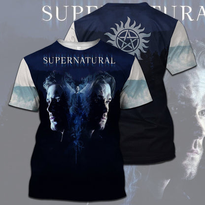  Supernatural T-shirt Dean And Sam Winchester Supernatural Logo Blue T-shirt Hoodie Adult Full Print