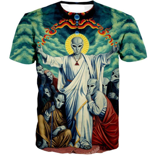 Unifinz Alien God Shirt Alien Christ Art Blue T-shirt Men Women Adult Unisex Full Print 2022