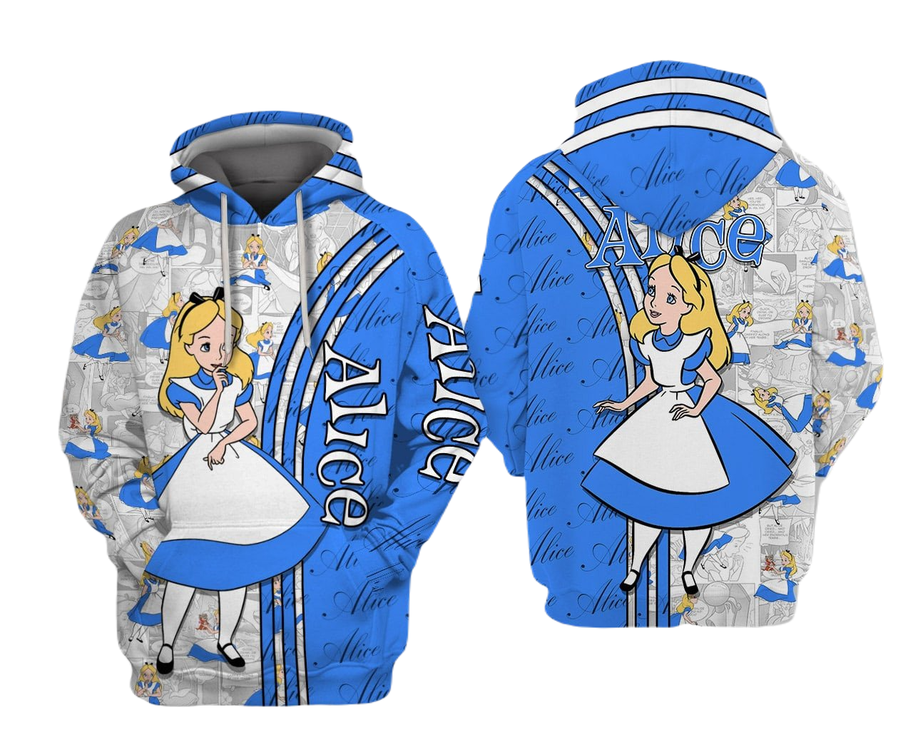 AIW Hoodie Alice Comic Style Pattern Hoodie Blue White Unisex