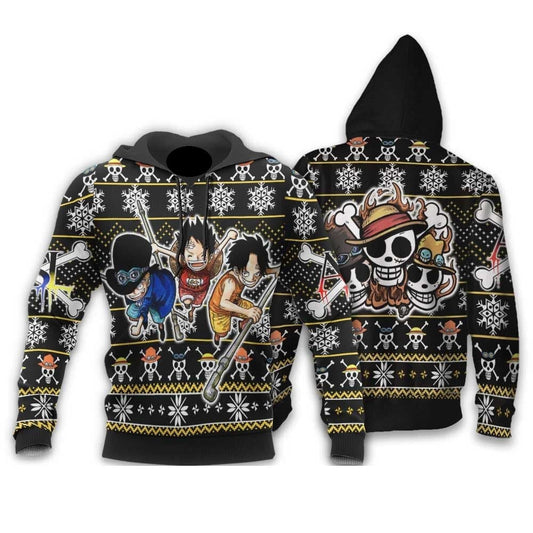 One Piece Hoodie Luffy Sabo Ace Kid Christmas Pattern Hoodie Black Unisex