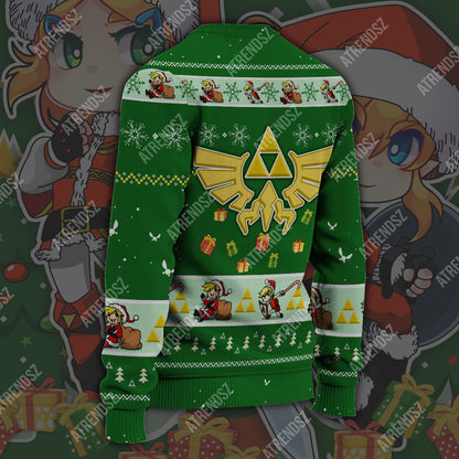 Unifinz Legend Of Zelda Sweater Green Chibi Link Zelda Hyrule Symbol Ugly Sweater Legend Of Zelda Ugly Sweater 2023