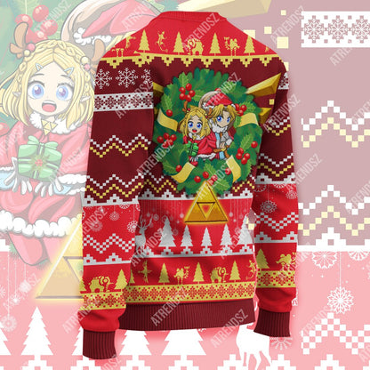 Unifinz Legend Of Zelda Sweater Chibi Zelda Link Wreath Christmas Ugly Sweater Legend Of Zelda Ugly Sweater 2023