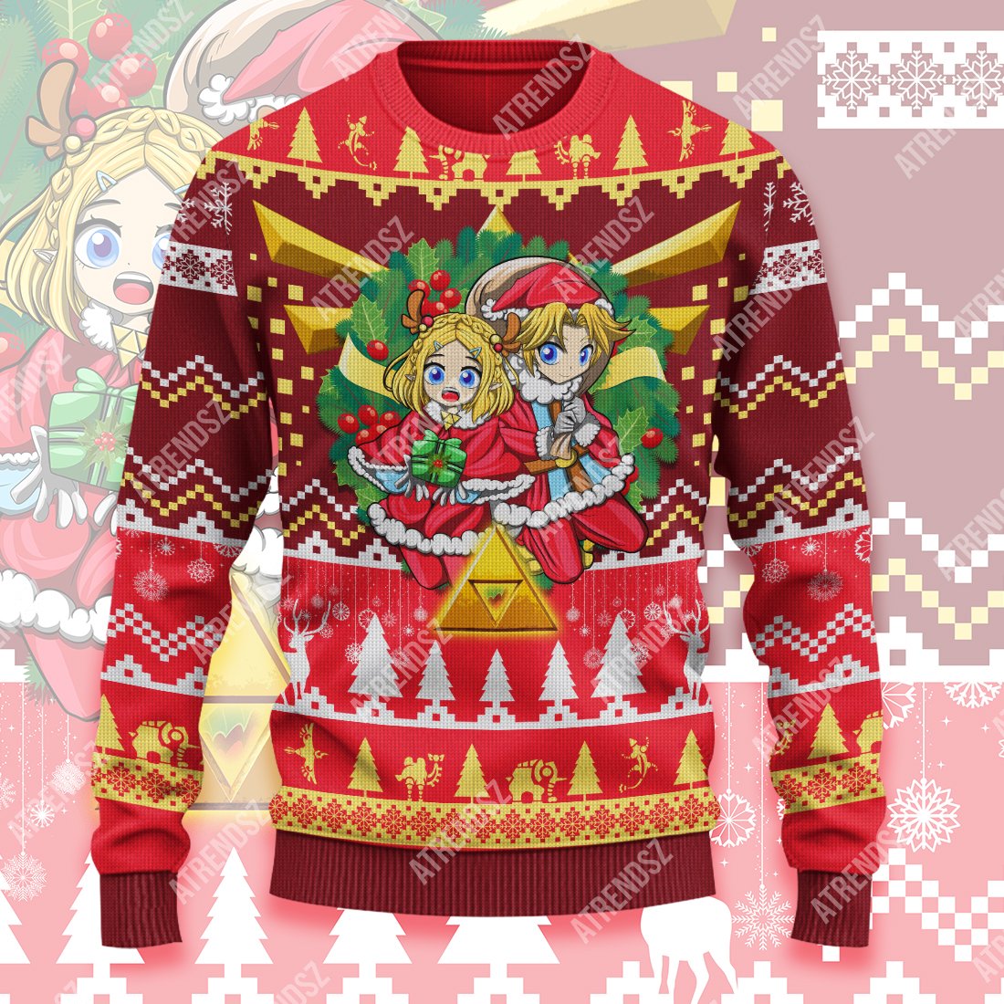Unifinz Legend Of Zelda Sweater Chibi Zelda Link Wreath Christmas Ugly Sweater Legend Of Zelda Ugly Sweater 2023