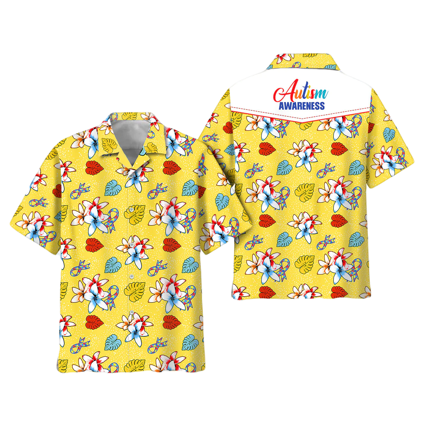 Autism Hawaii Shirt Autism Awareness Frangipani Flowers Pattern Aloha Shirt Yellow Unisex