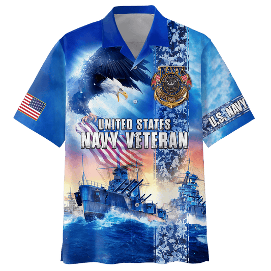 Veteran Hawaii Shirt US Navy Veteran War Ship Eagle Aloha Shirt Blue Unisex