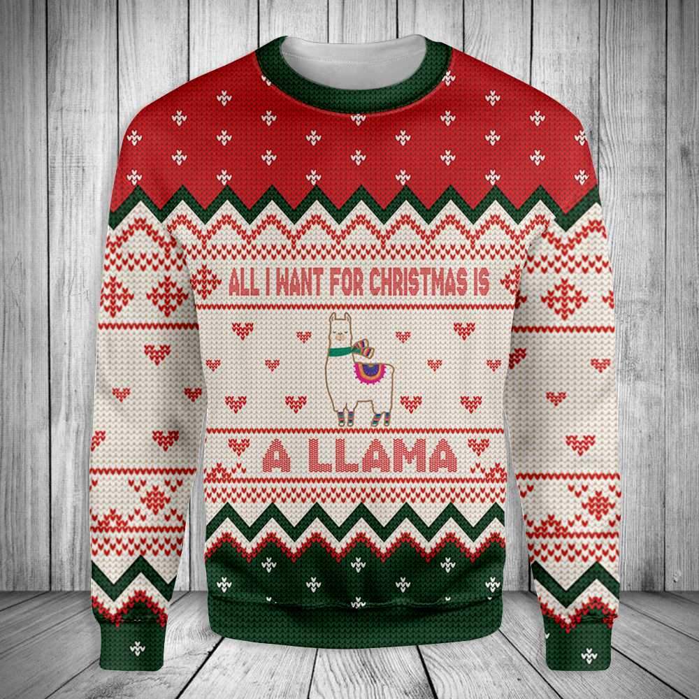 Llama Christmas Sweater All I Want For Christmas Is A Llama Red white Green Ugly Sweater