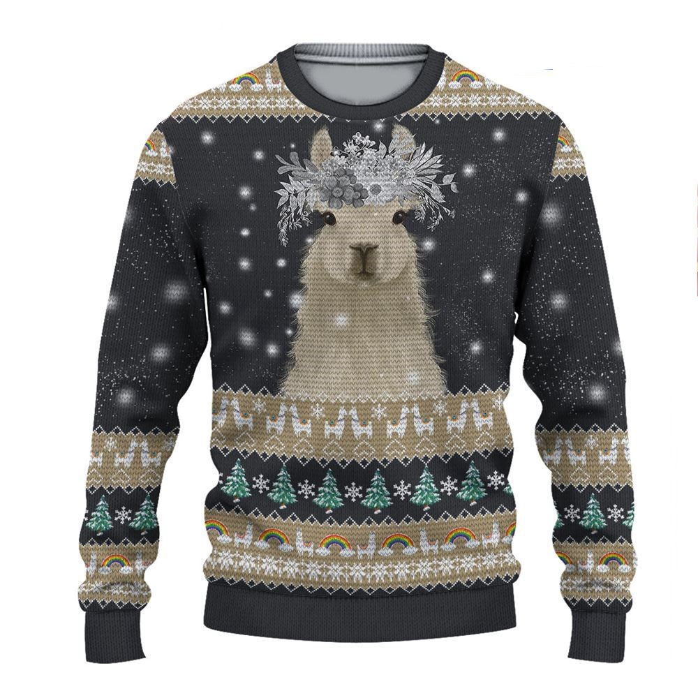 Llama Sweatshirt Llama Flower Wreath Christmas Tree Pattern Sweatshirt Black Unisex