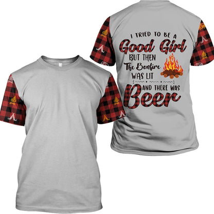  Beer Camping T-shirt I Tried To Be Good Girl But Then The Bonfire Was Lit And There Was Beer Red White Hoodie Adult Full Print