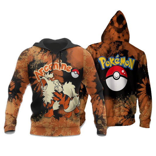 PKM Hoodie Arcanine Graphic Tie Dye Style Hoodie Black Orange Unisex