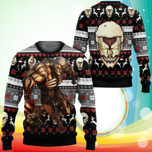 Attack On Titan Sweatshirt Armored Titan Christmas Pattern Sweatshirt Black Red Unisex Adults