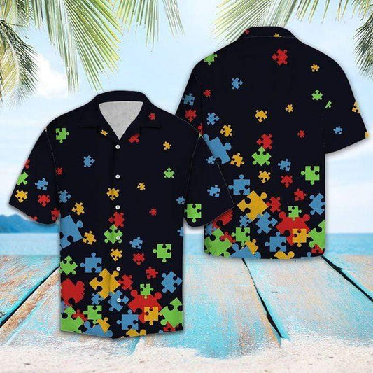 Unifinz Autism Awareness Hawaii Shirt Black Colorful Autism Puzzle Piece Hawaiian Shirt Autism Aloha Shirt 2022