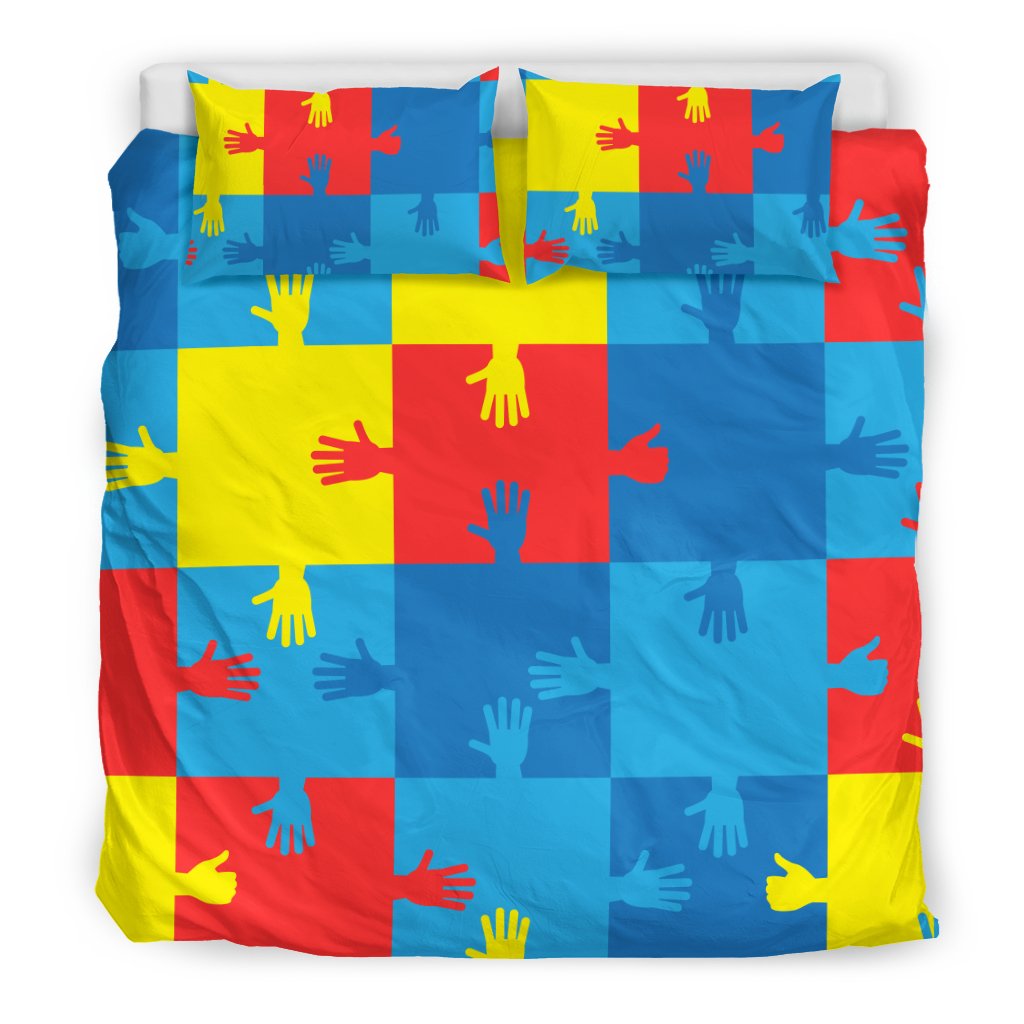 Autism Bedding Set Autism Awareness Puzzle Pieces Hand Shaped Duvet Covers Colorful Unique Gift