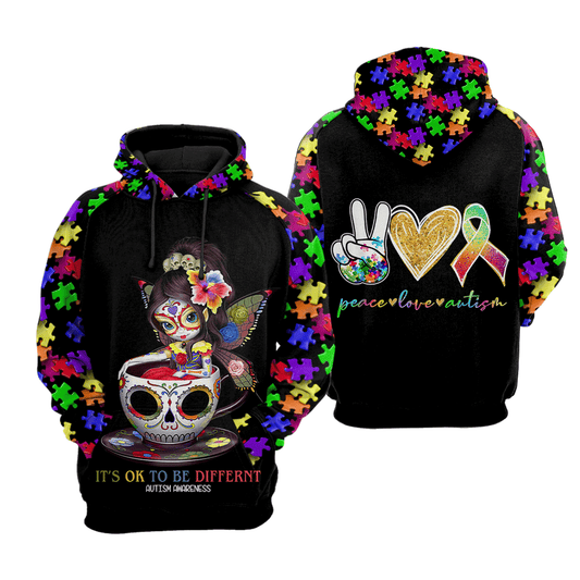 Autism Hoodie Peace Love Autism It's Ok To Be Different T-shirt Colorful Unisex