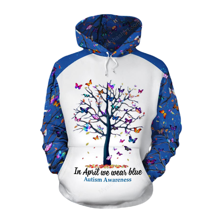 Autism Hoodie In April We Wear Blue Tree With Butterflies Hoodie White Blue Unisex