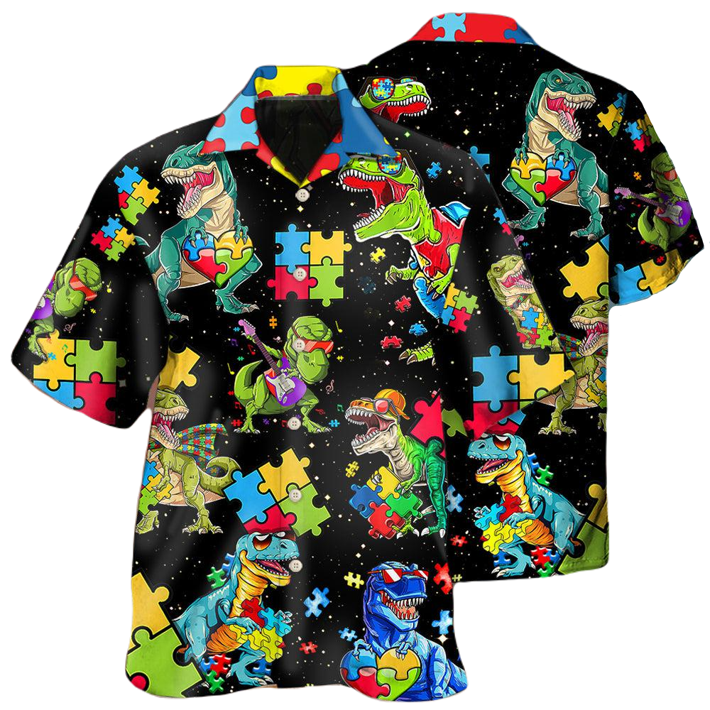 Autism Hawaii Shirt Cool T-rex Dinosaurs Puzzle Pieces Pattern Aloha Shirt Colorful Unisex