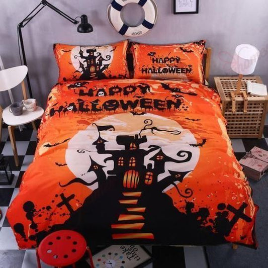 Halloween Bedding Set Happy Halloween Horror Mansion Duvet Covers Orange Black Unique Gift