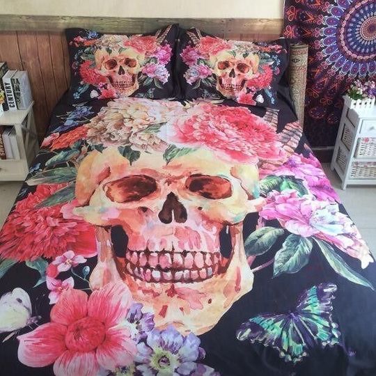 Skull Bedding Set Skull And Flowers In Watercolor Duvet Covers Colorful Unique Gift