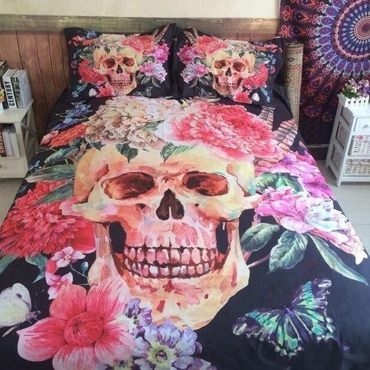 Skull Bedding Set Skull And Flowers In Watercolor Duvet Covers Colorful Unique Gift