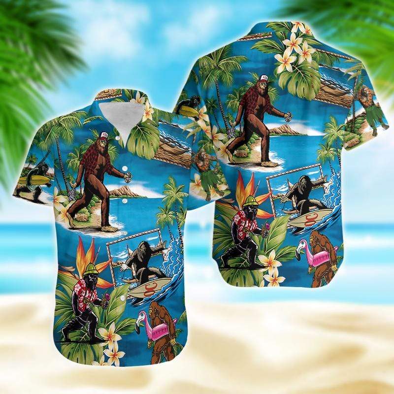 Unifinz Bigfoot Beach Hawaii Shirt Bigfoot Sasquatch On Vacation In Beach Hawaiian Shirt Bigfoot Aloha Shirt 2023
