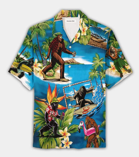 Unifinz Bigfoot Beach Hawaii Shirt Bigfoot Sasquatch On Vacation In Beach Hawaiian Shirt Bigfoot Aloha Shirt 2022