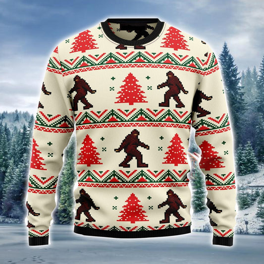 Bigfoot Sweatshirt Bigfoot Christmas Tree Pattern Sweatshirt Colorful Unisex