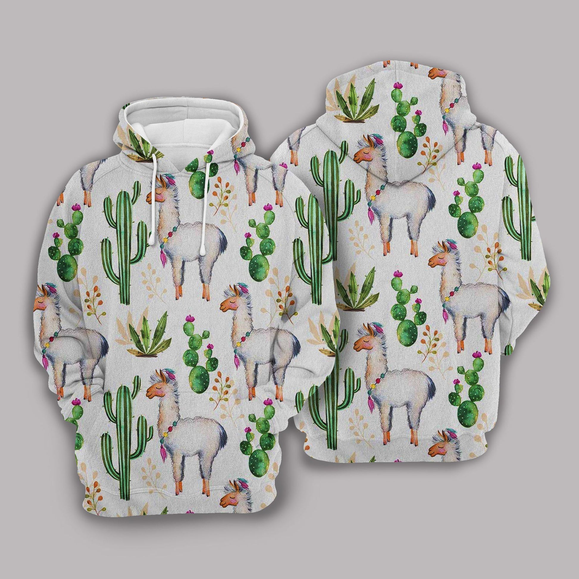 Llama Hoodie Llama With Cactus Pattern White Hoodie