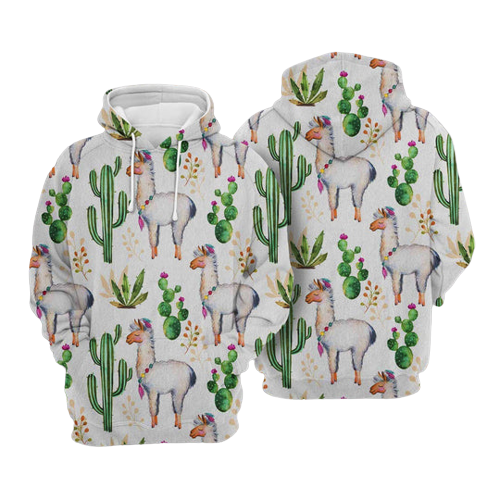 Llama Hoodie Llama With Cactus Pattern White Hoodie