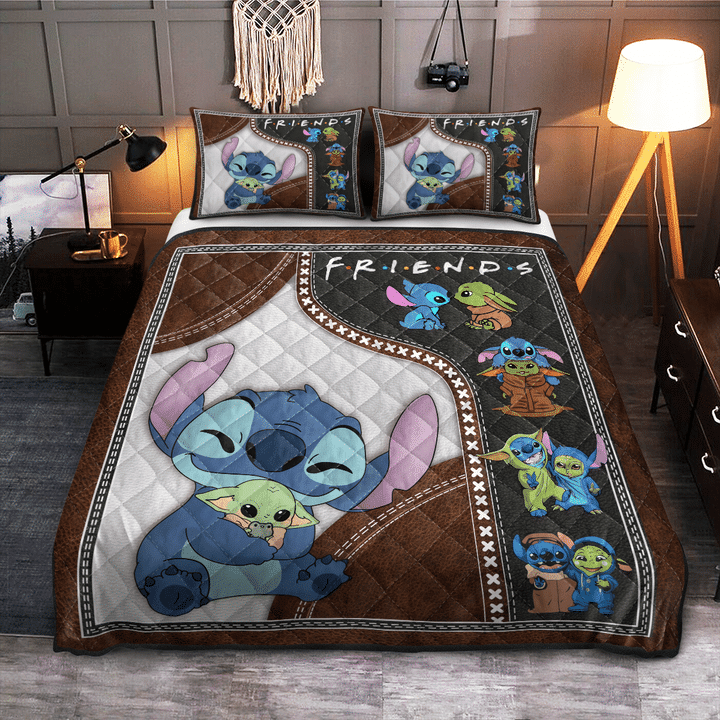 Lilo And Stitch Bedding Set Stitch And Baby Yoda Friends Duvet Covers Brown Unique Gift