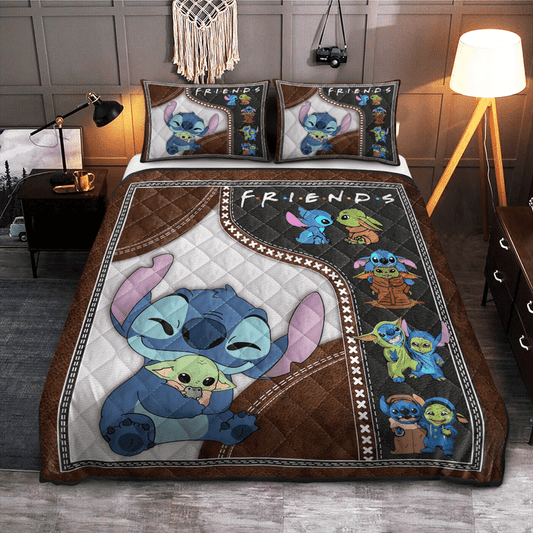 Lilo And Stitch Bedding Set Stitch And Baby Yoda Friends Duvet Covers Brown Unique Gift