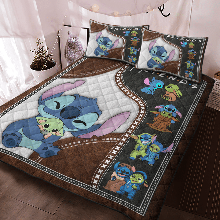 Lilo And Stitch Bedding Set Stitch And Baby Yoda Friends Duvet Covers Brown Unique Gift