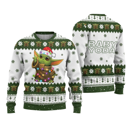 SW Sweatshirt Baby Yoda Christmas Lights Sweatshirt Green White Unisex