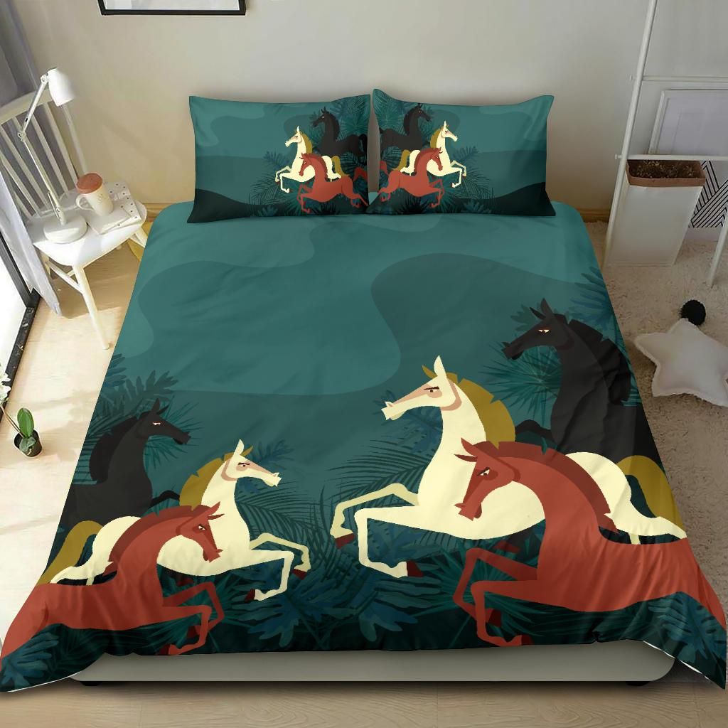 Horse Bedding Set Horse Graphic Cartoon Style Duvet Covers Blue Unique Gift