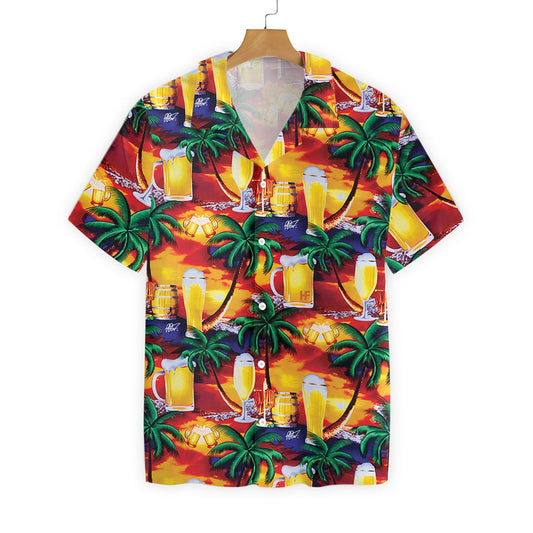  Beer Hawaii Shirt Tropical Sunset Beer Cups Pattern Yellow Red Hawaiian Aloha Shirt