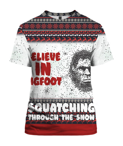 Bigfoot Hoodie Believe In Bigfoot Squatching Through The Snow T-shirt Red White Unisex