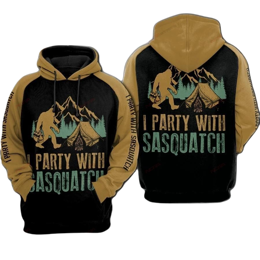 Bigfoot Hoodie I Party With Sasquatch Hoodie Black Yellow Unisex