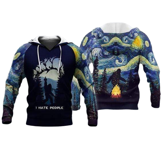 Bigfoot Hoodie Bigfoot Starry Night I Hate People Hoodie Black Blue Unisex