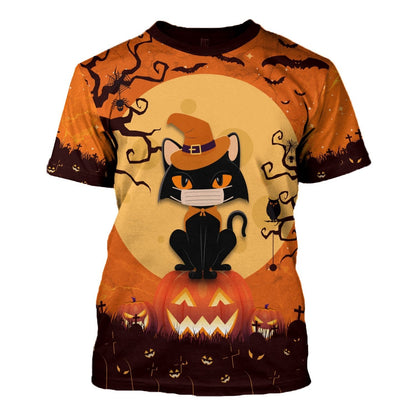  Halloween T-shirt Halloween Witch Cat Wearing Mask Pumpkin Orange Shirt Halloween Hoodie Unisex Full Size