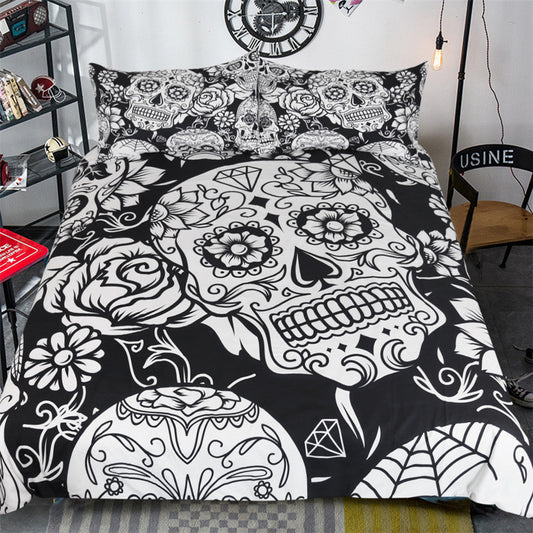 Skull Bedding Set Skull Flowers And Gems Pattern Duvet Covers Black White Unique Gift