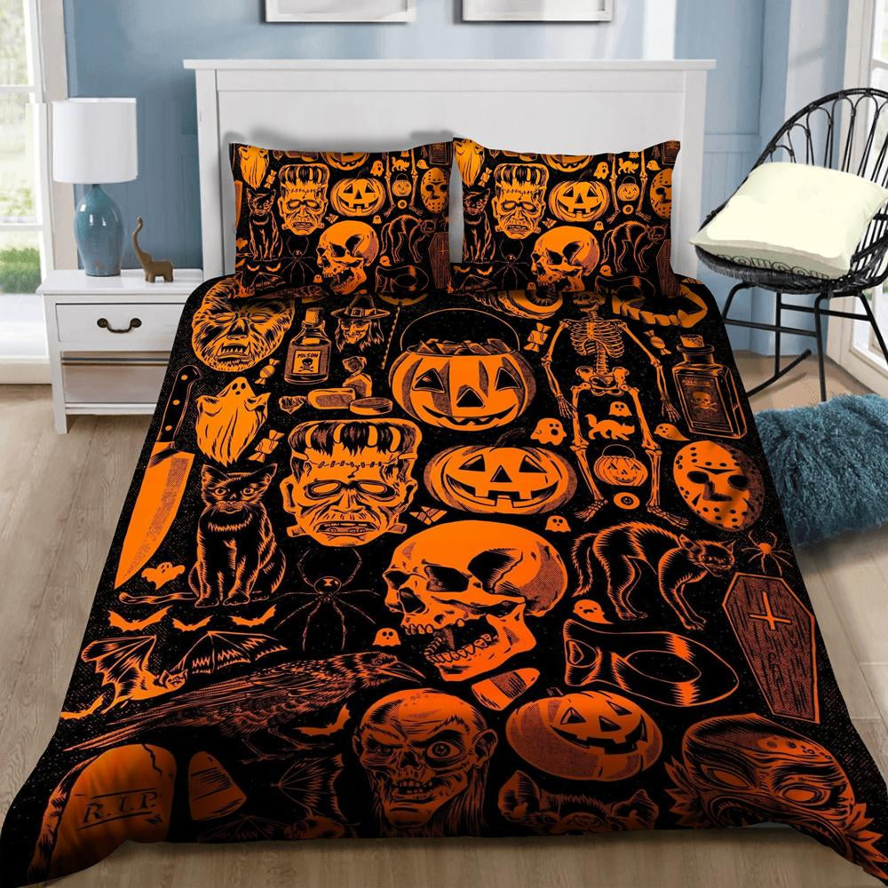 Halloween Bedding Set Frankenstein Ghost Skull Pattern Duvet Covers Orange Black Unique Gift