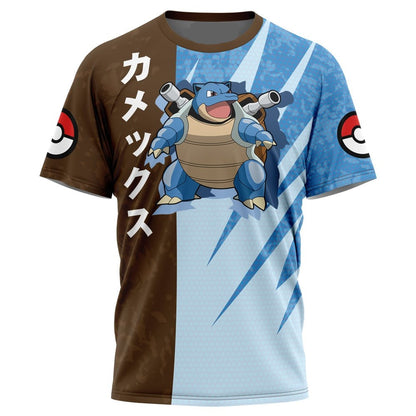 PKM T-shirt PKM Blastoise Attack Pose T-shirt Blue Brown Unisex