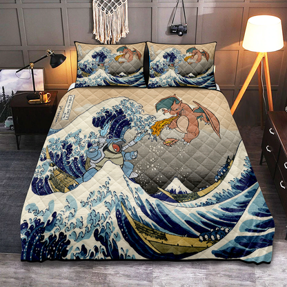 PKM Bedding Set The Great Wave Blastoise Charizard Duvet Covers Colorful Unique Gift